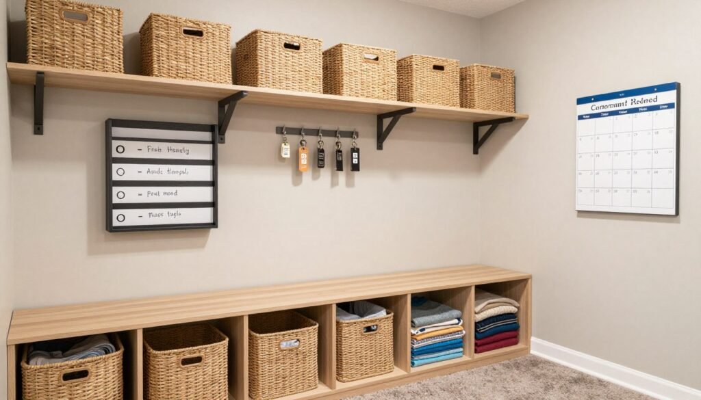 highly organized mudroom laundry with labeled bins and systems