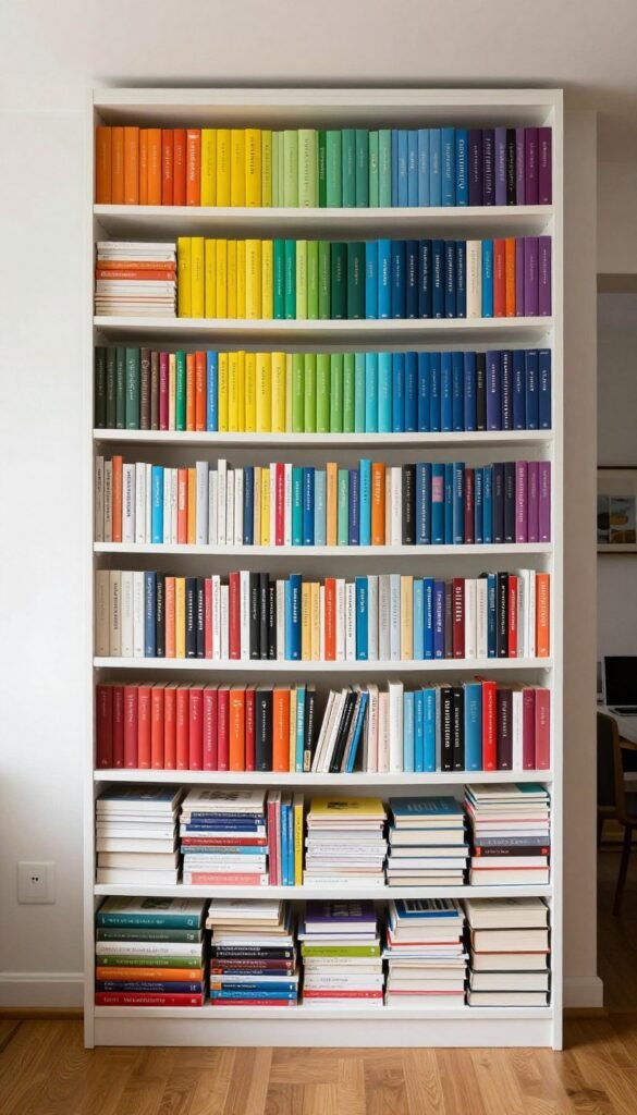 horizontal book stacks arranged by color creating rainbow bookshelf effect