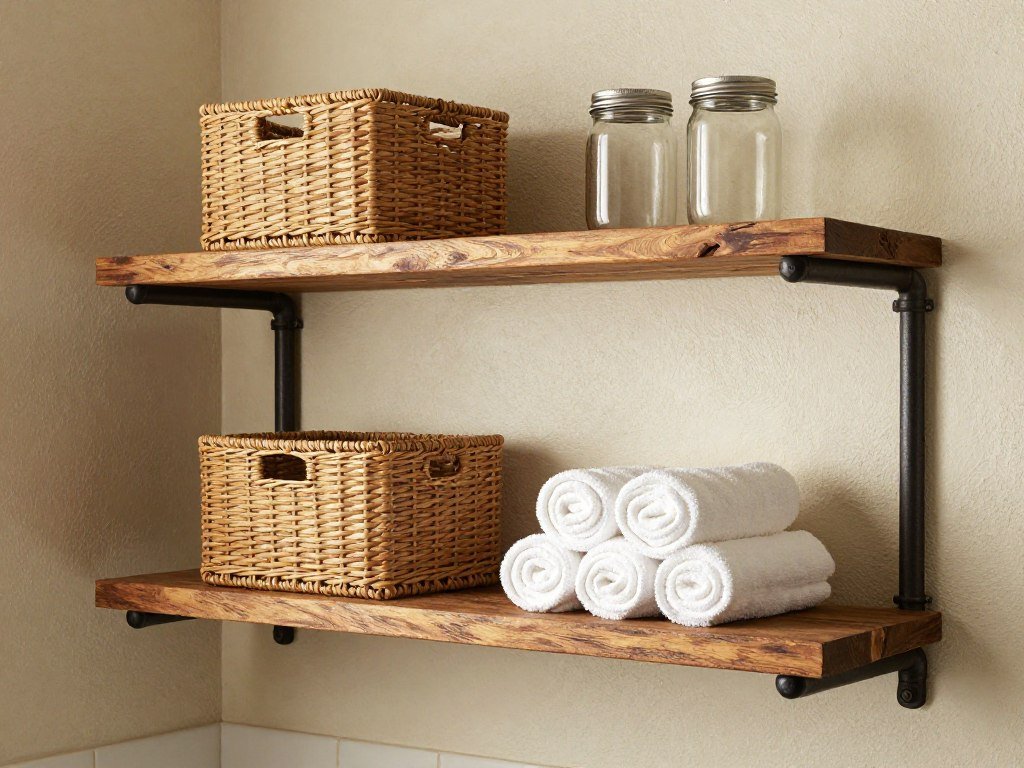 industrial pipe shelves in bathroom with storage baskets