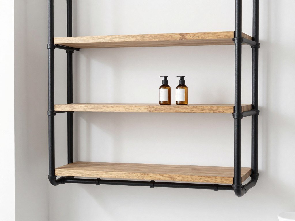 industrial pipe shelving above toilet