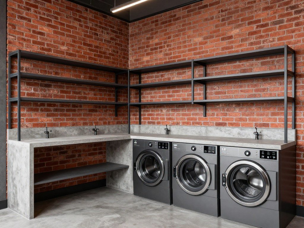 industrial style laundry room with brick pattern wallpaper