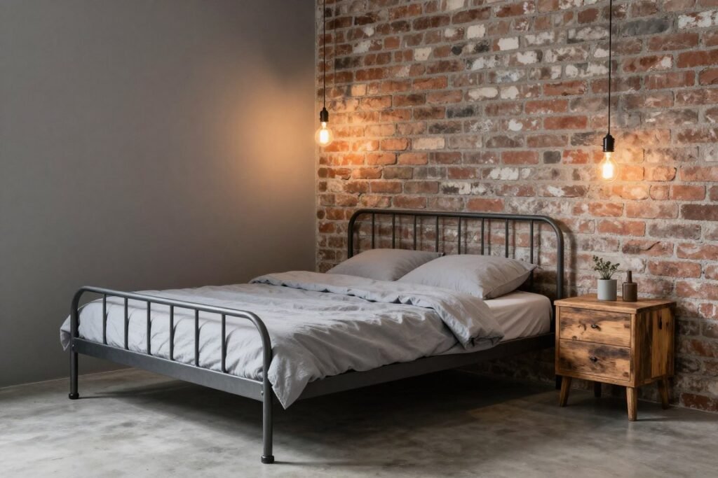 industrial style small bedroom with metal and wood elements
