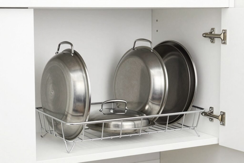 inside of cabinet door with mounted organizer holding pot lids