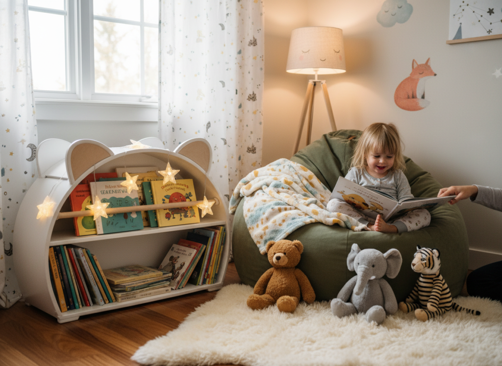 kids bedroom reading nook with books