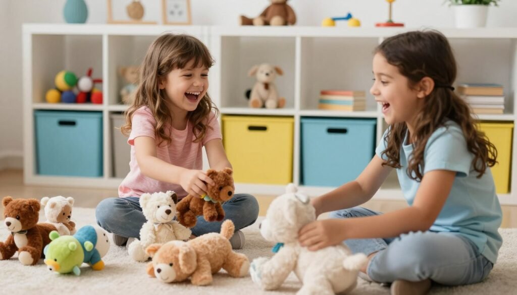 kids playing cleanup game with stuffed animals
