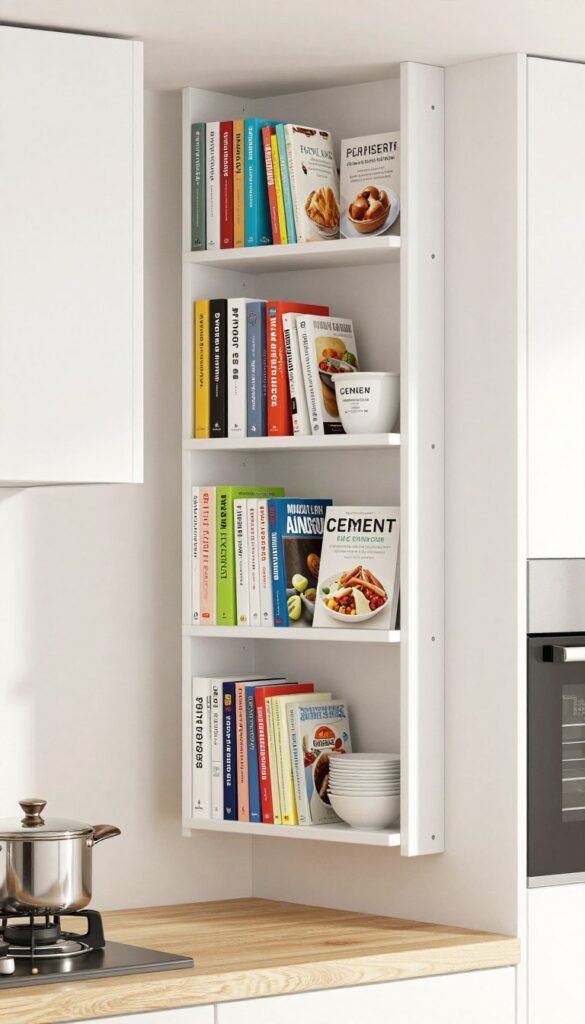 kitchen cookbook storage on narrow shelves near cooking area