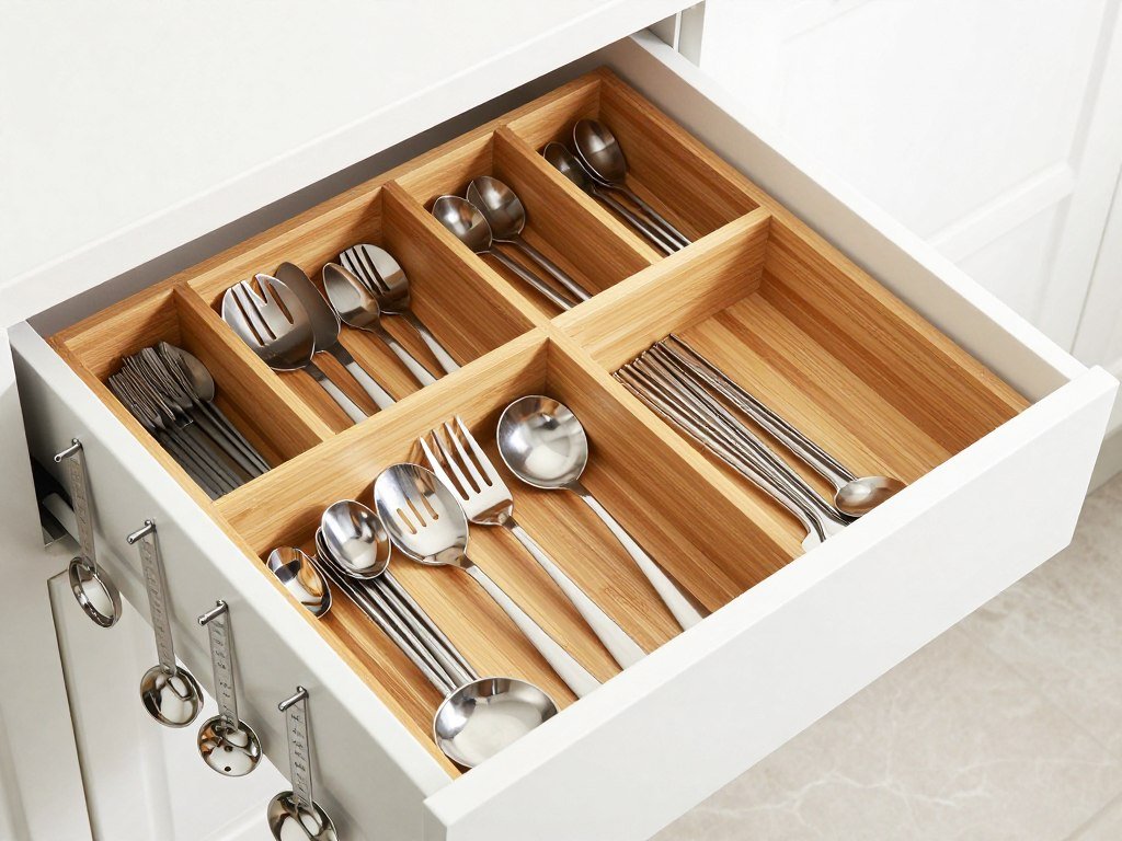 kitchen drawer with organized utensils using dividers and compartments