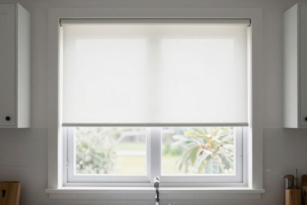 kitchen window with cellular shade lowered from top allowing light