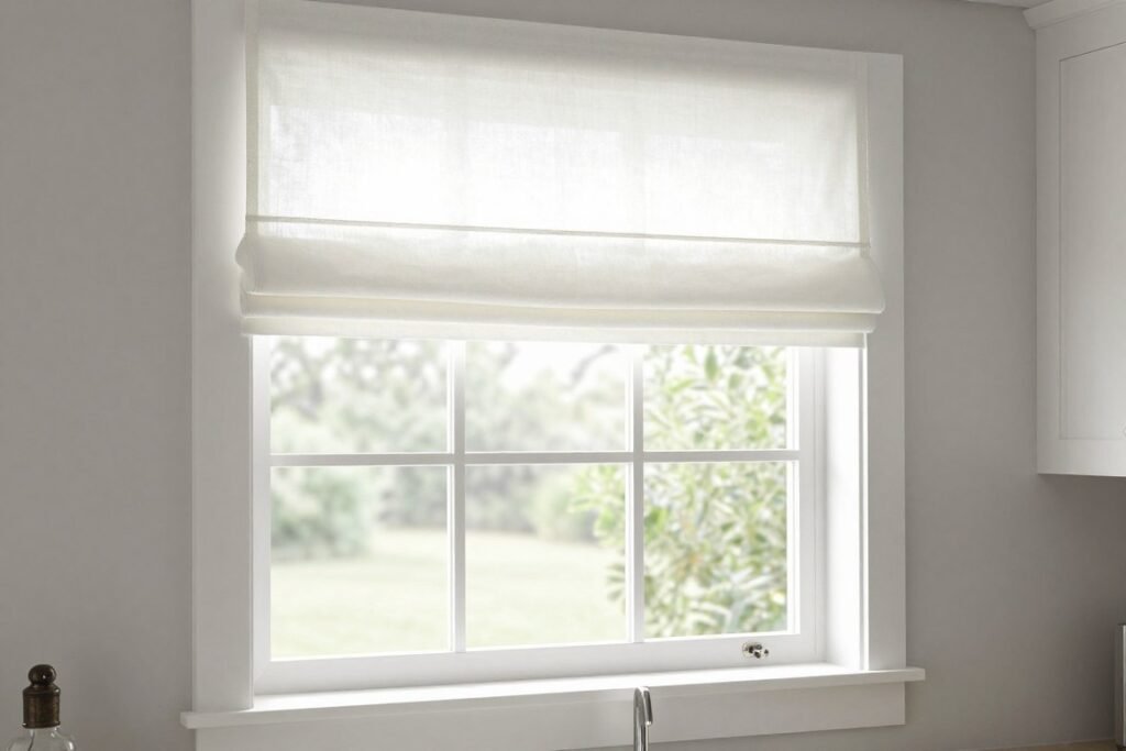 kitchen window with roman shade in up position kitchen window with roman shade in up position