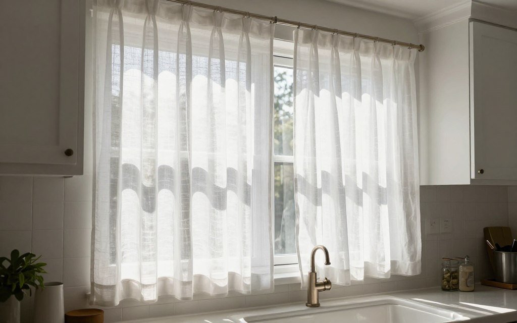 kitchen window with sheer white curtains allowing light kitchen window with sheer white curtains allowing light