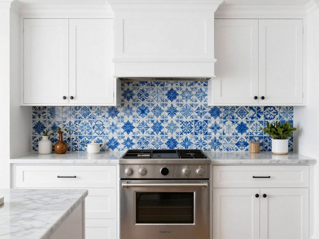 kitchen with colorful backsplash accent against white cabinets kitchen with colorful backsplash accent against white cabinets