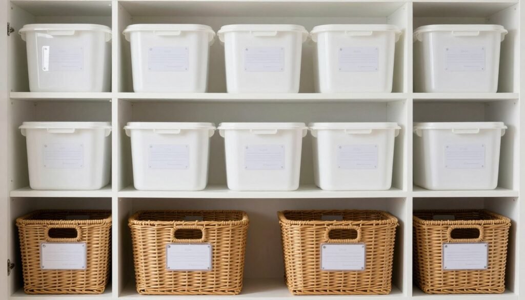 labeled baskets and containers in laundry room