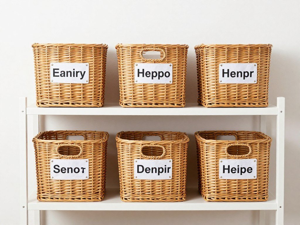 labeled baskets at accessible height in laundry room