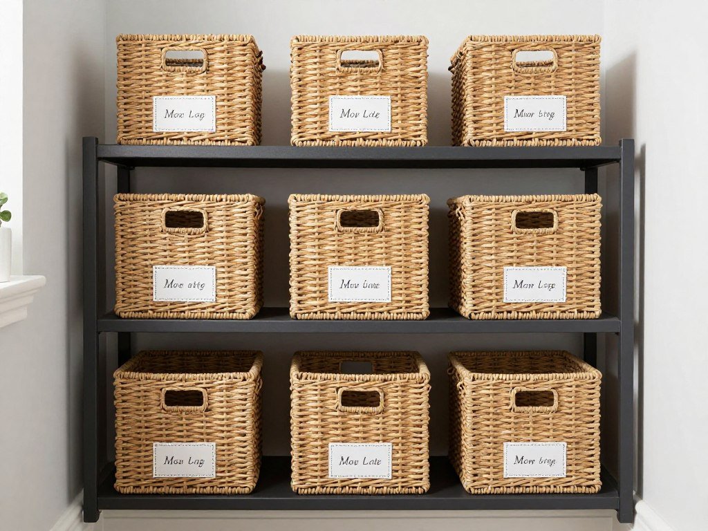 labeled baskets organized on bathroom shelves