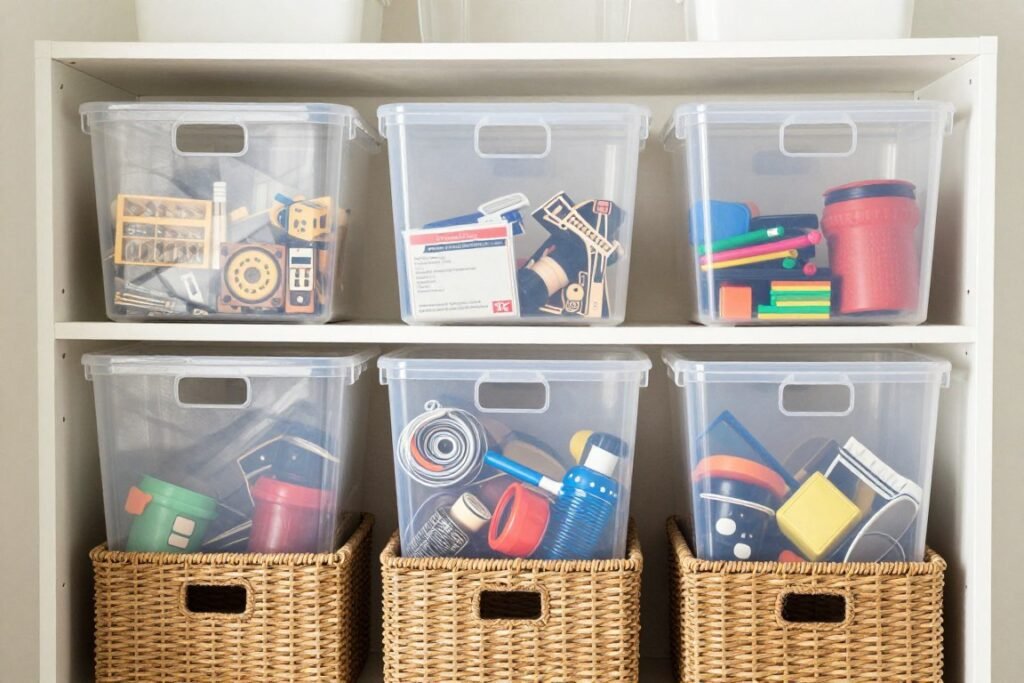 labeled bins and baskets organizing board game closet