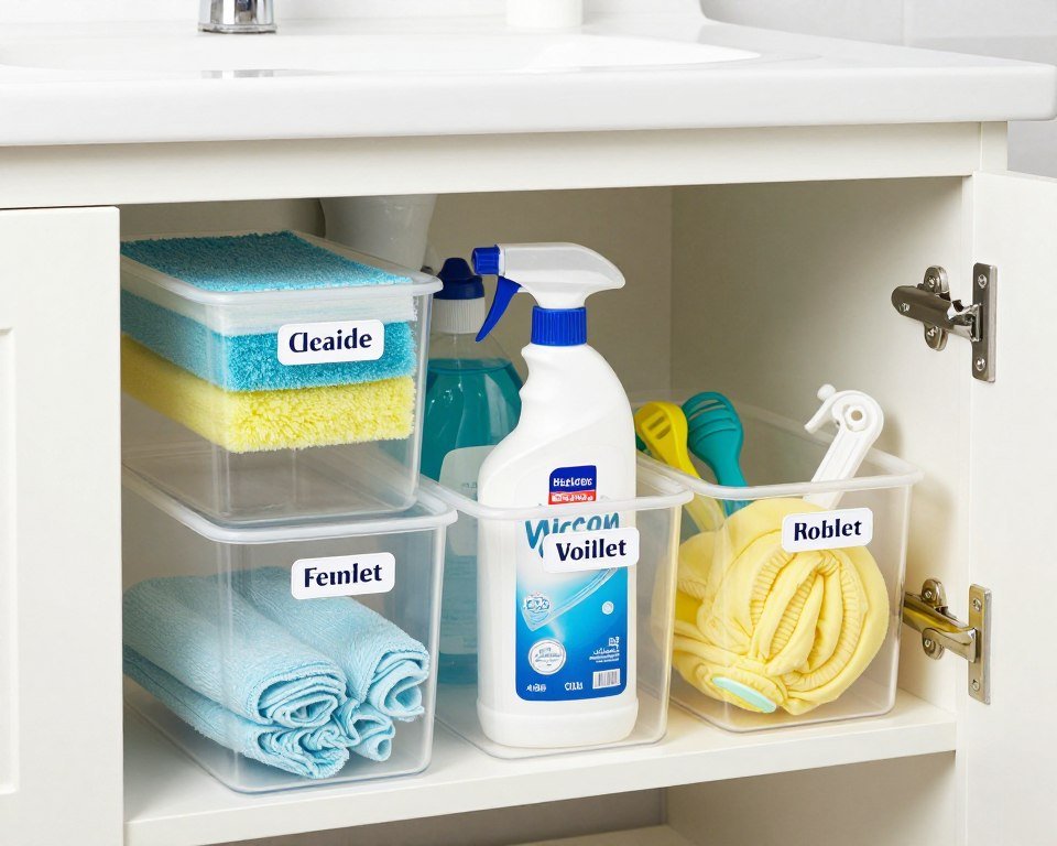labeled bins for bathroom cleaning products