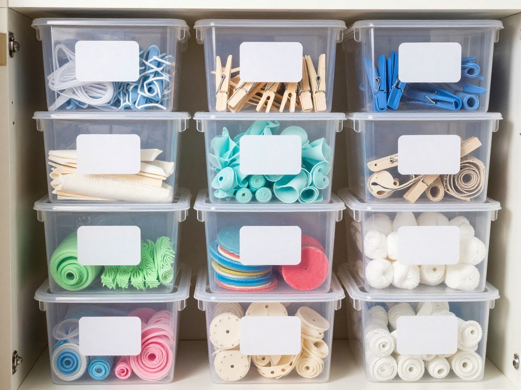 labeled clear storage bins containing organized laundry accessories labeled clear storage bins containing organized laundry accessories