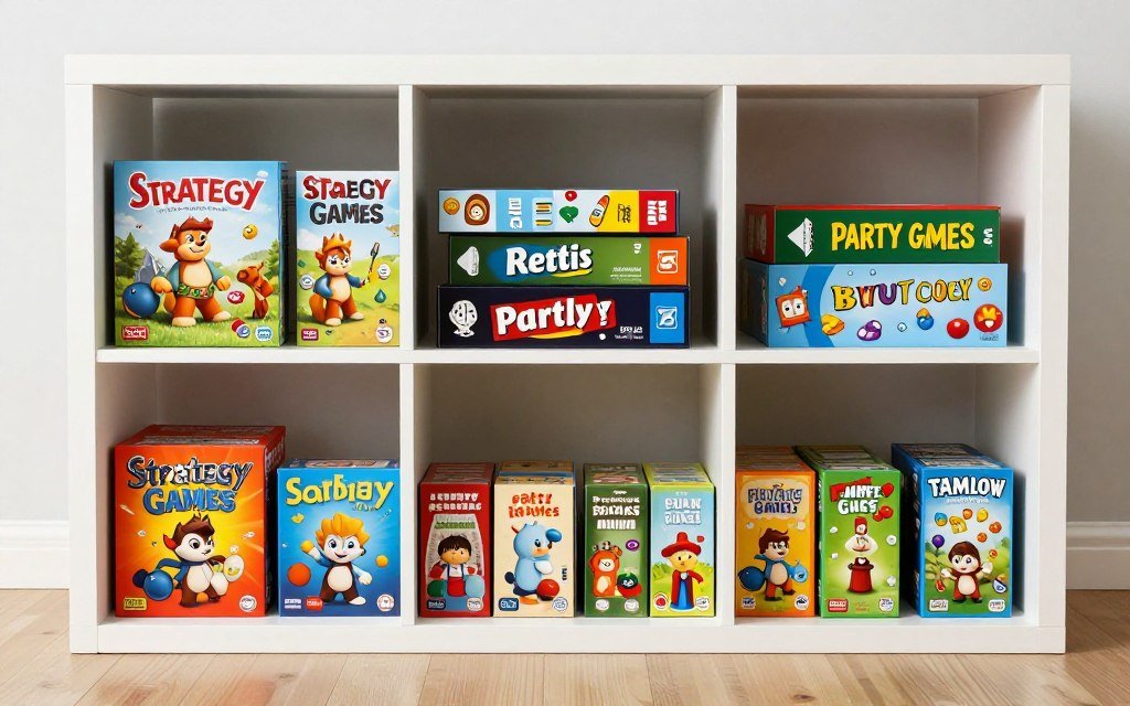 labeled cube storage system with categorized board games