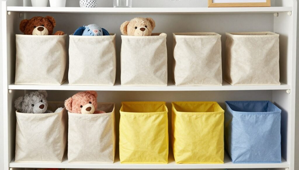 labeled fabric bins with stuffed animals in organized closet