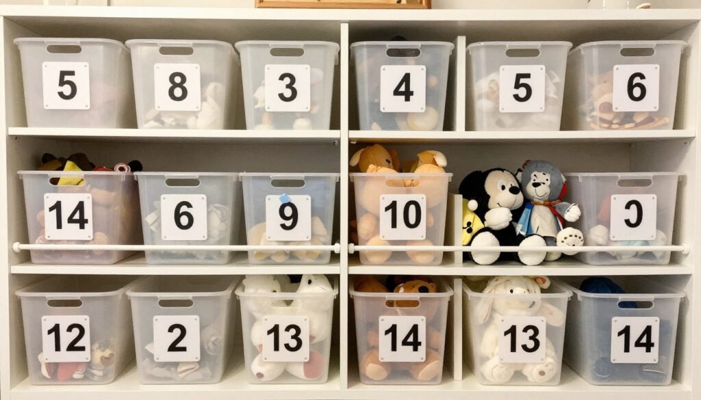 labeled storage bins for stuffed animal rotation system