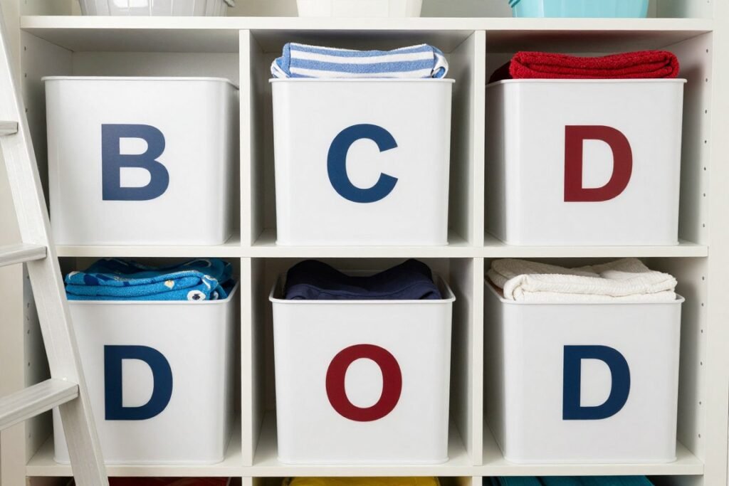 labeled storage bins on high shelves containing seasonal items labeled storage bins on high shelves containing seasonal items
