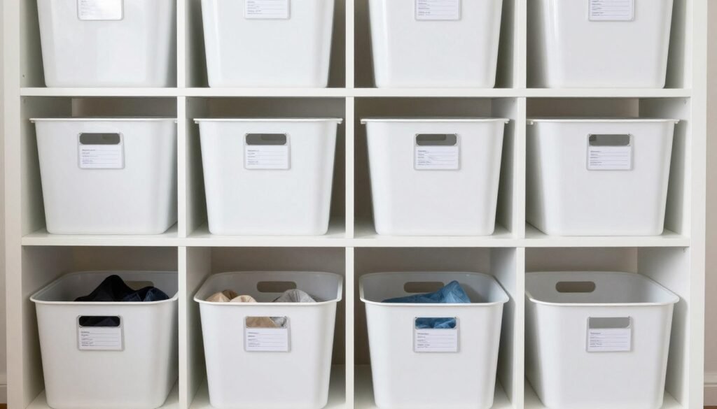 labeled storage containers and baskets in laundry room