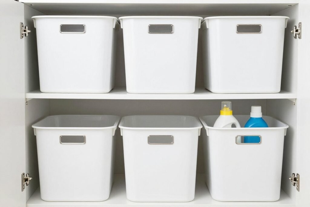 labeled storage containers in laundry cabinets