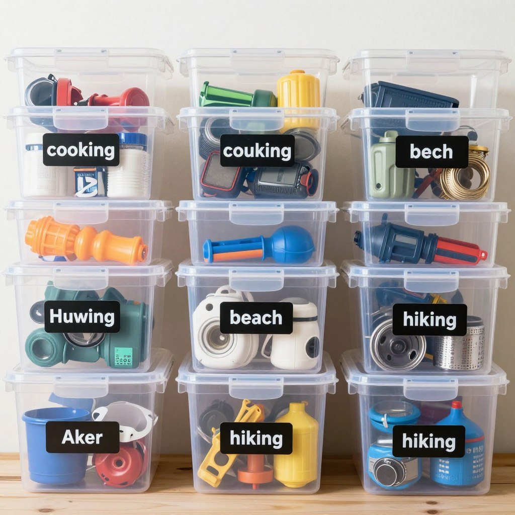 labeled storage containers with camping supplies