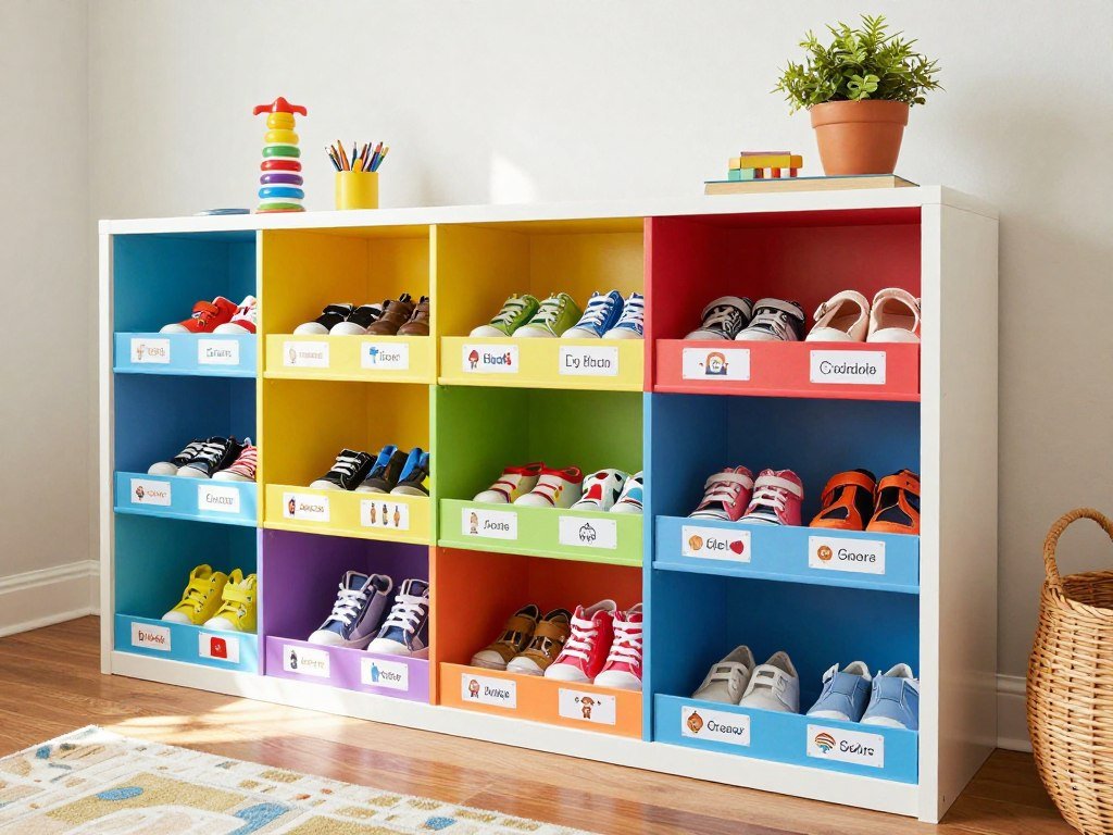 labeled storage cubbies for kids shoes with pictures
