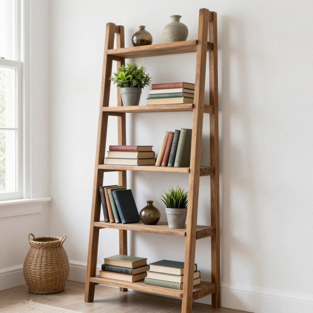 ladder bookshelf leaning against living room wall displaying books and decor items