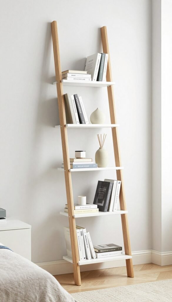 ladder bookshelf leaning against wall in compact apartment bedroom