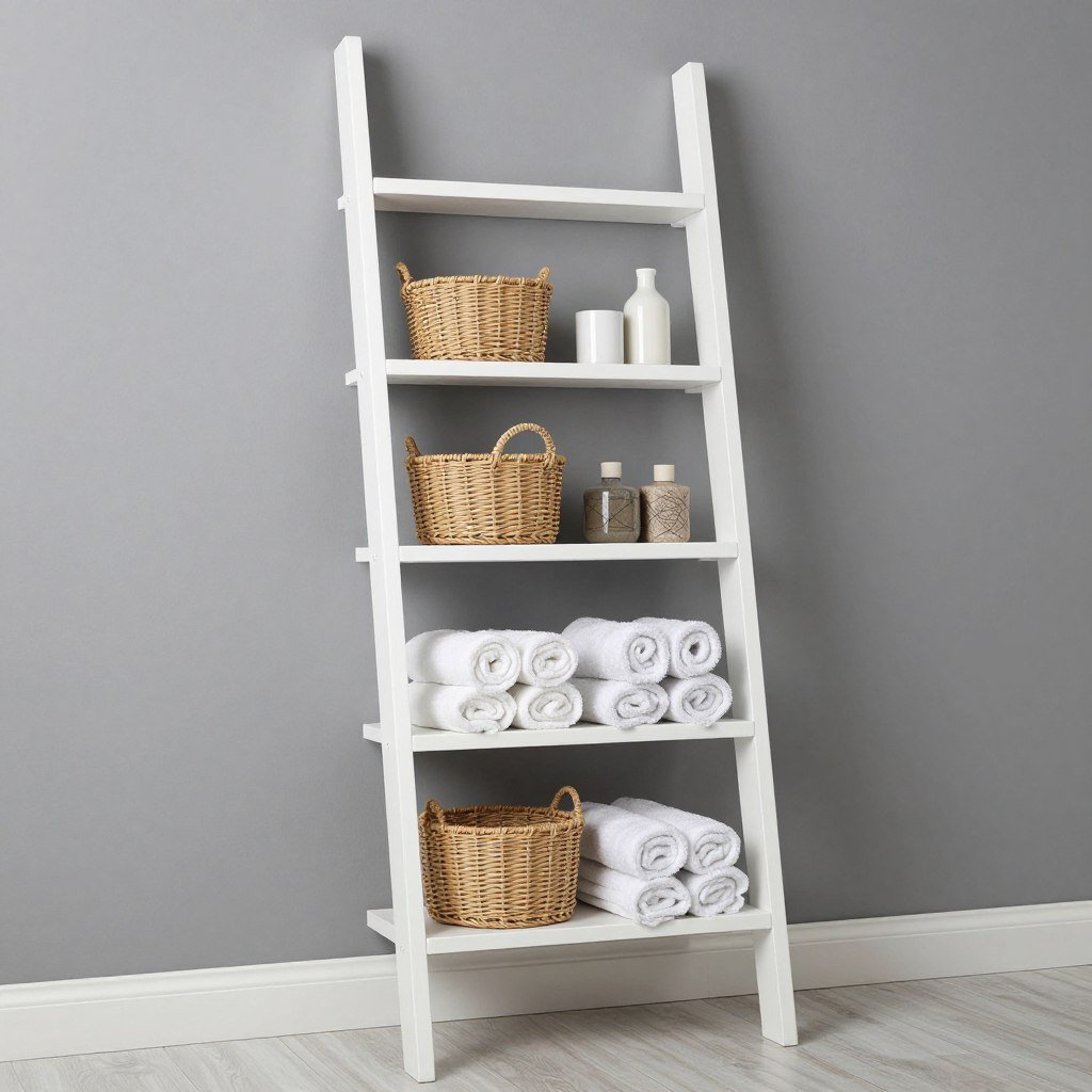 ladder shelf leaning against laundry room wall