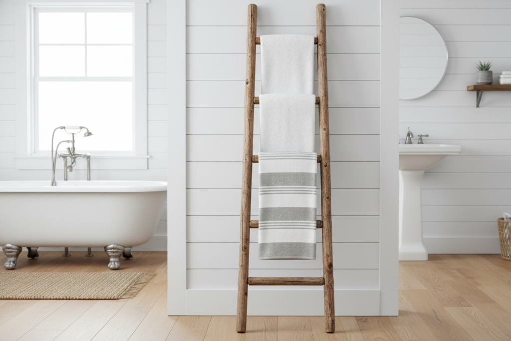 ladder towel rack creating extra towel storage in bathroom space
