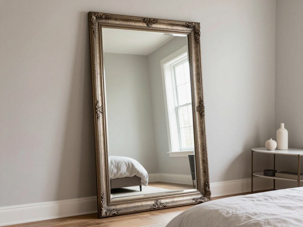large decorative mirror reflecting natural light in guest bedroom