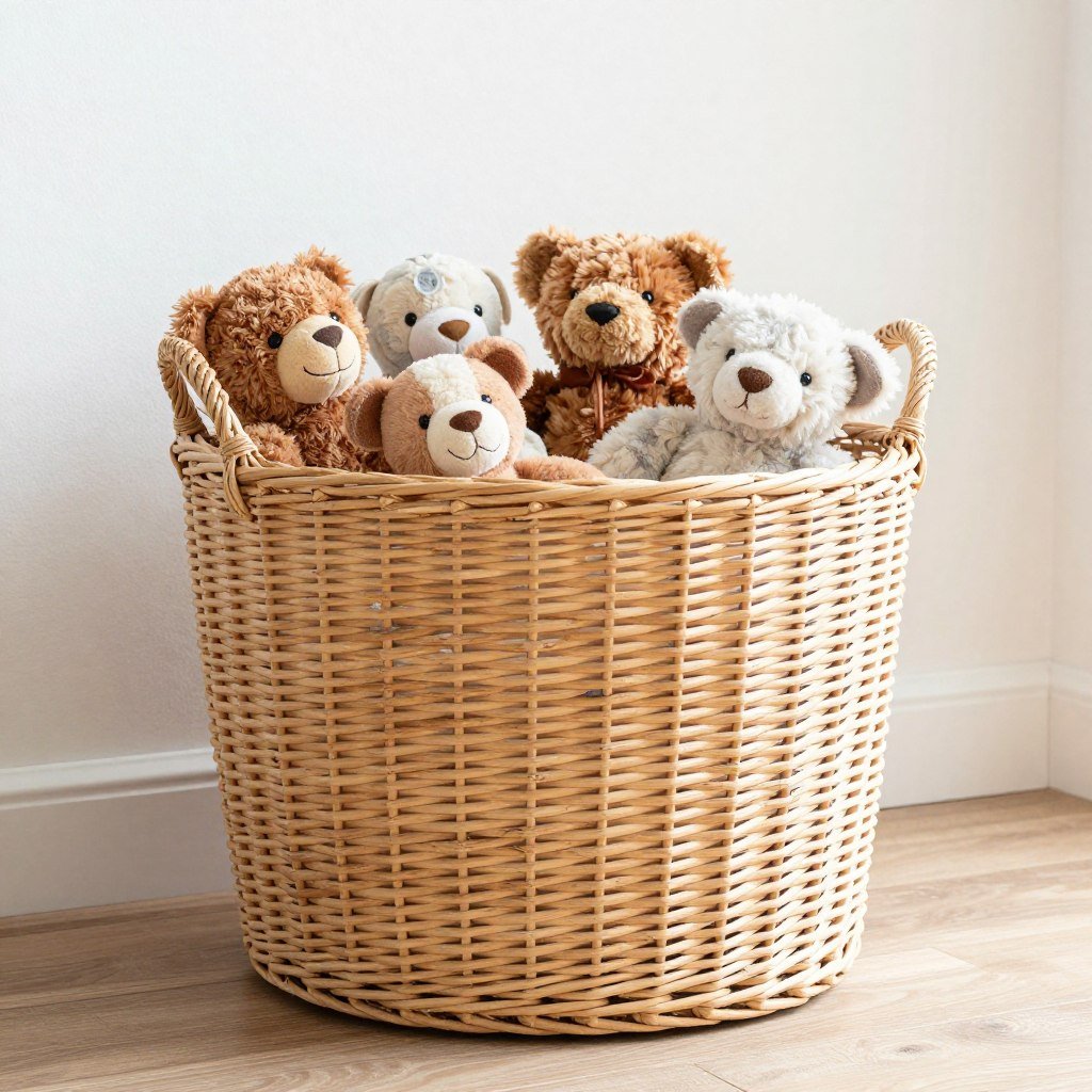 large floor wicker basket overflowing with stuffed animals