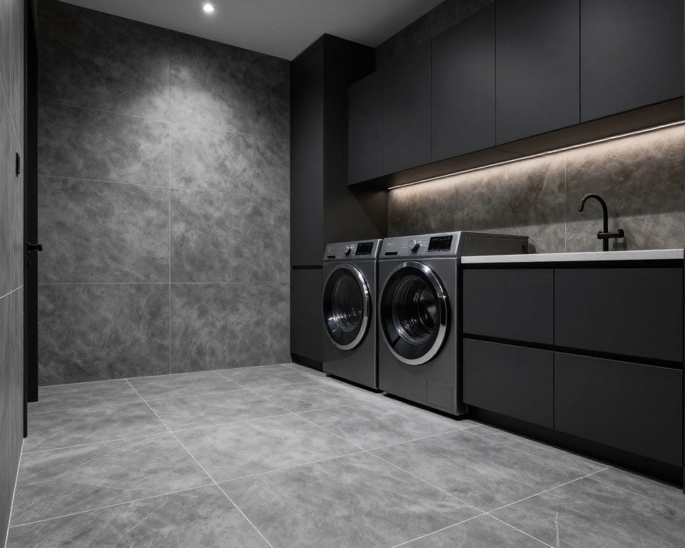large format tile in sleek laundry space