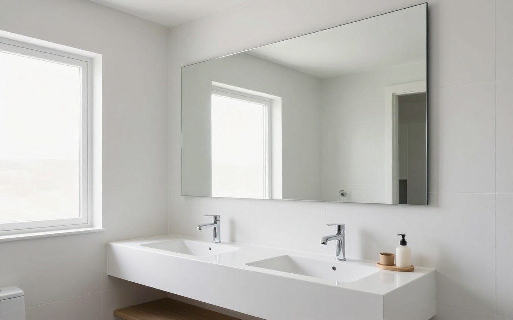 large frameless mirror in small bathroom reflecting light and creating depth