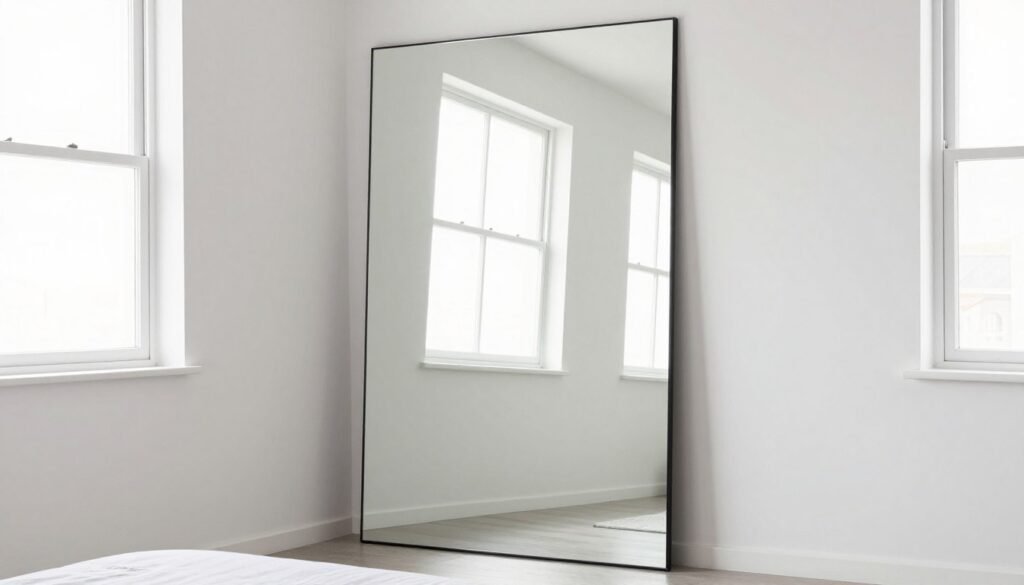 large mirror in very small bedroom reflecting light and creating depth
