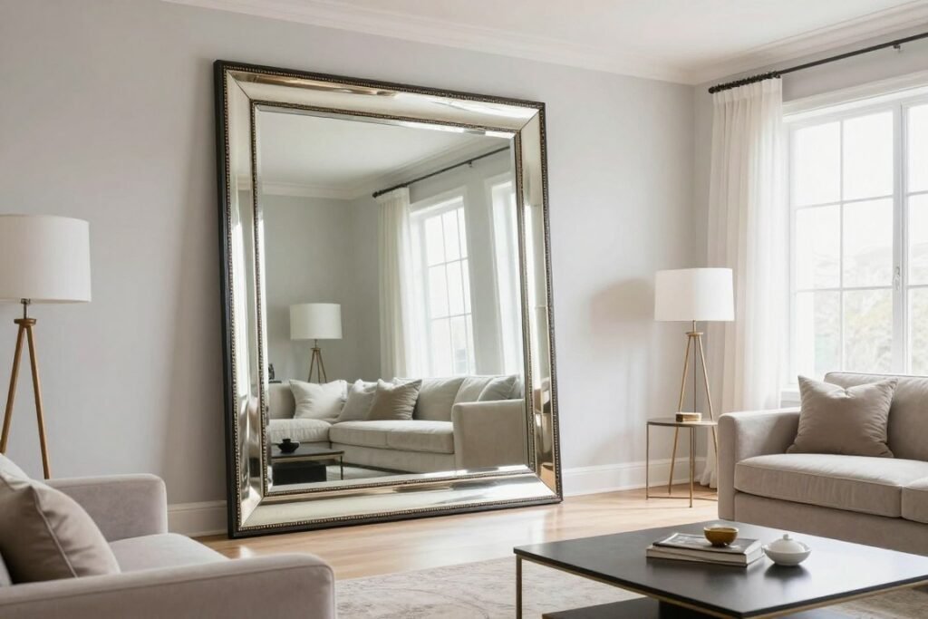 large mirror reflecting light in small living room