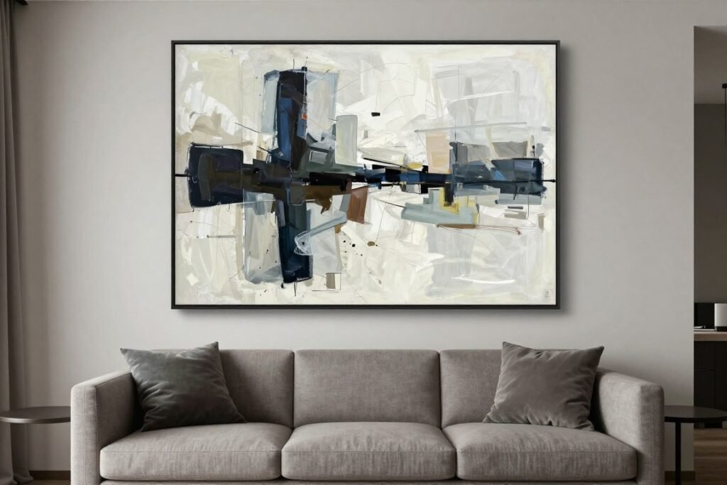 large scale artwork above sofa in small living room