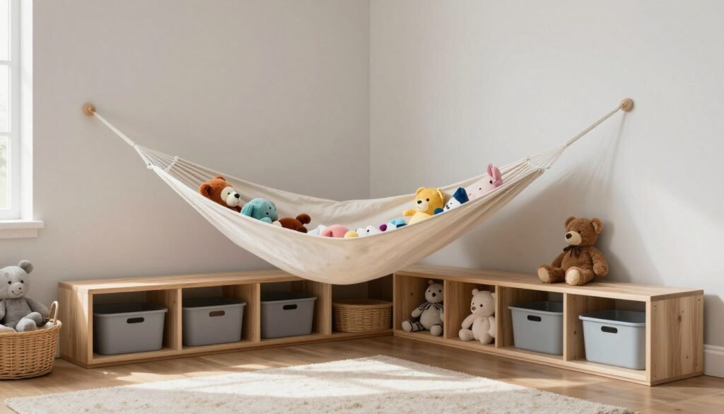 large toy hammock spanning bedroom wall with stuffed animals