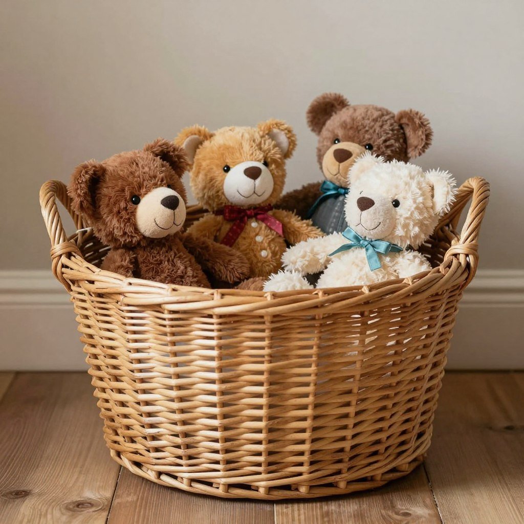 large wicker basket filled with colorful stuffed animals