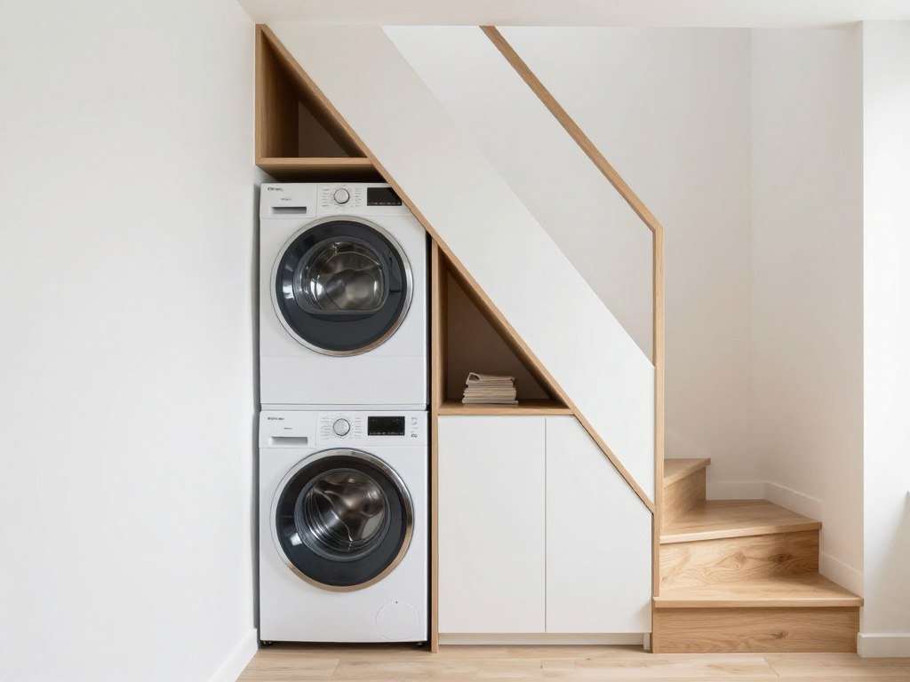 laundry room built under staircase with custom shelving