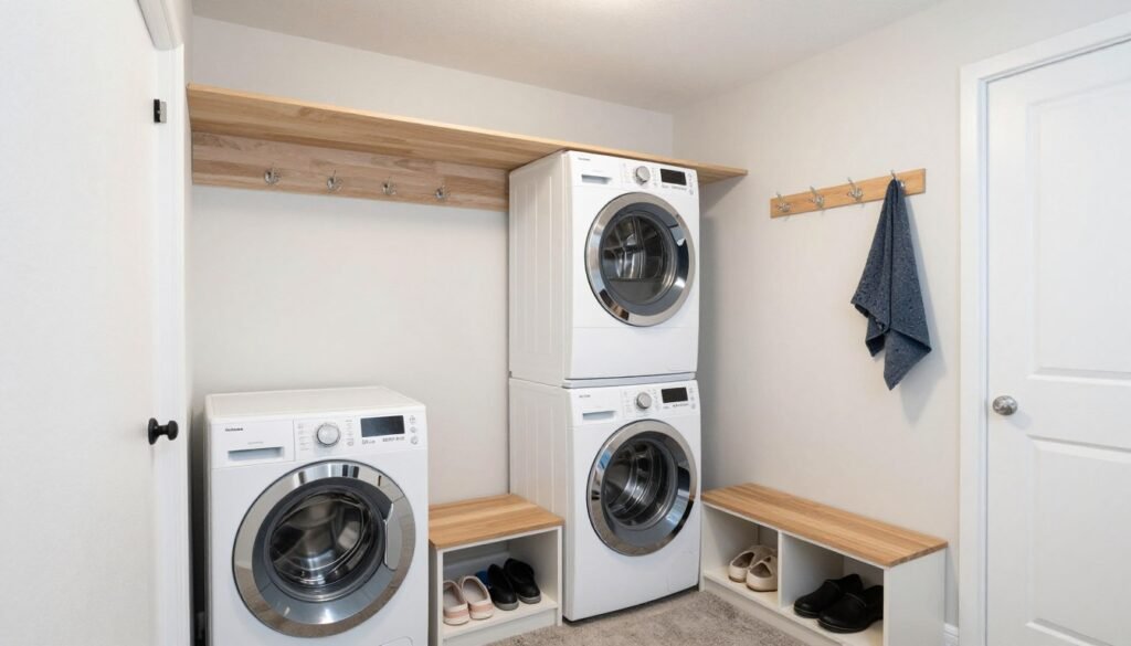 laundry room combined with mudroom featuring stacked washer dryer and storage bench