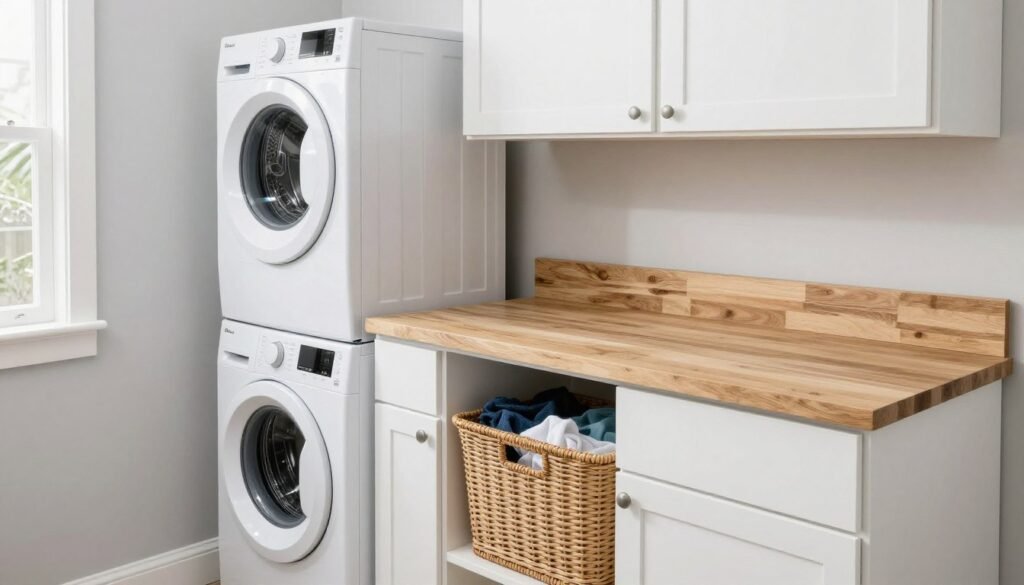 laundry room countertop for folding clothes next to stacked washer dryer