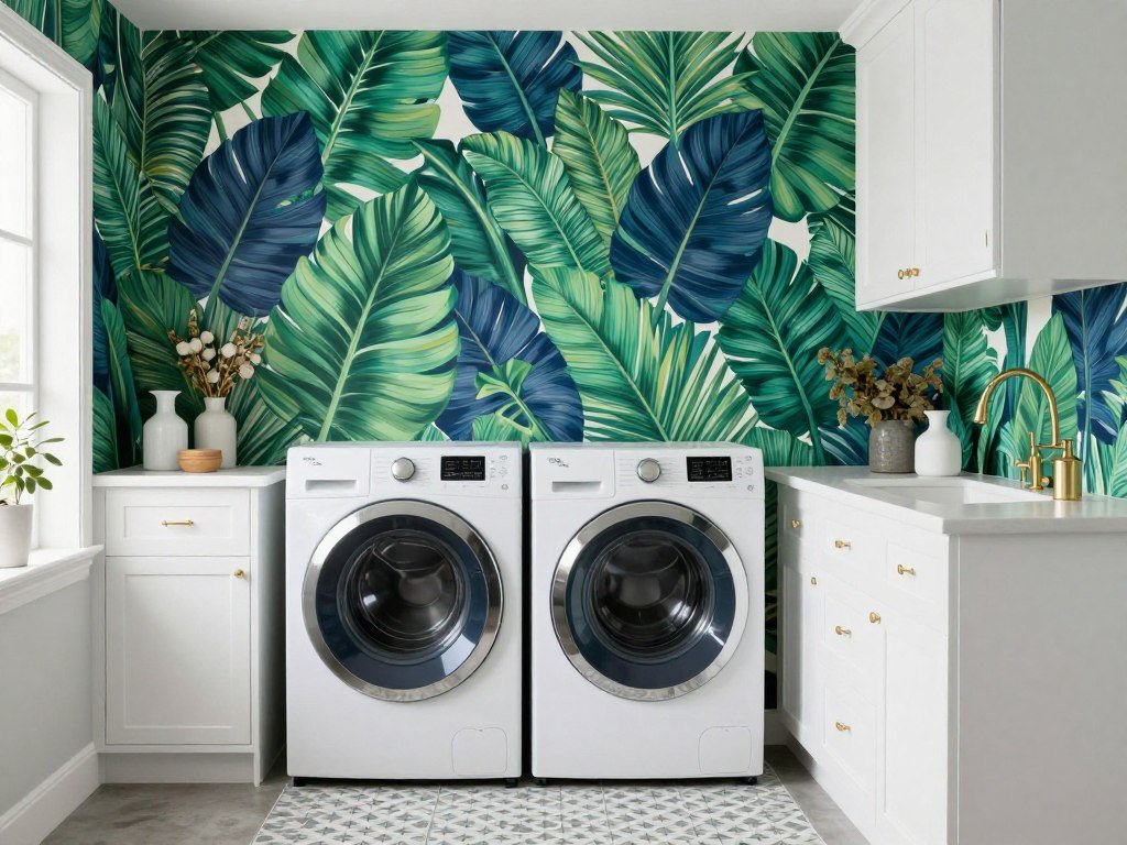 laundry room design with colorful patterned wallpaper laundry room design with colorful patterned wallpaper