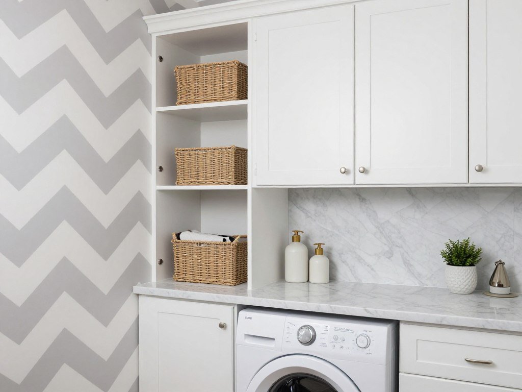 laundry room featuring chevron pattern wallpaper in gray tones