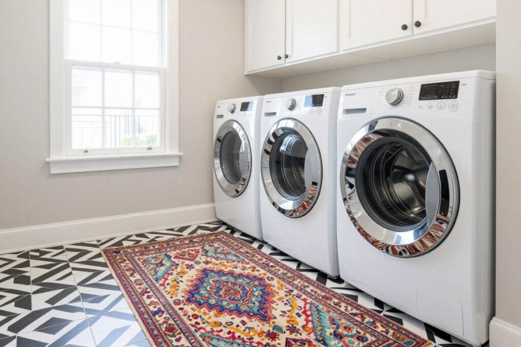 laundry room floor with patterned tile and area rug