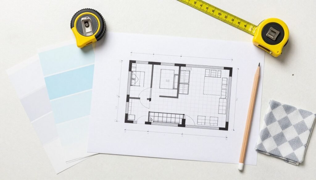 laundry room planning with measuring tape and color samples