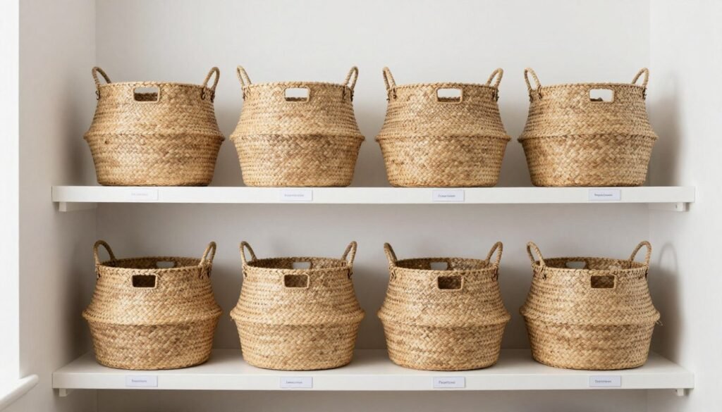 laundry room shelves organized with matching woven baskets